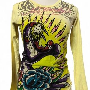 Ed Hardy Yellow and Purple Graphic Tee